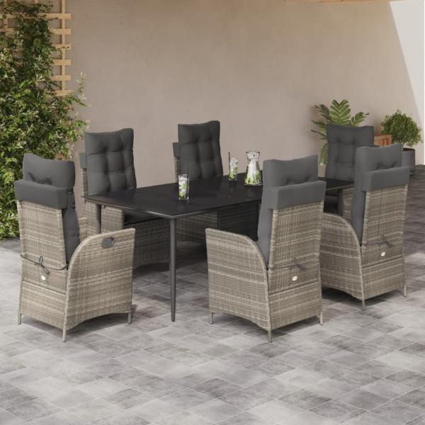 ARDEBO.de - 7-tlg. Garten-Essgruppe mit Kissen Hellgrau Poly Rattan