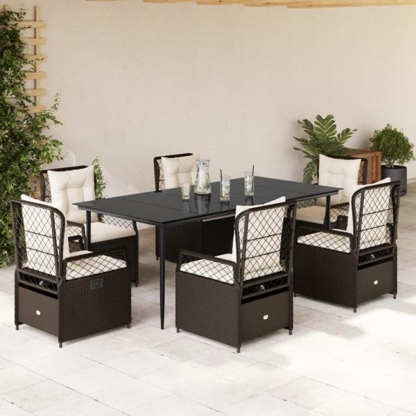 ARDEBO.de - 7-tlg. Garten-Essgruppe mit Kissen Braun Poly Rattan