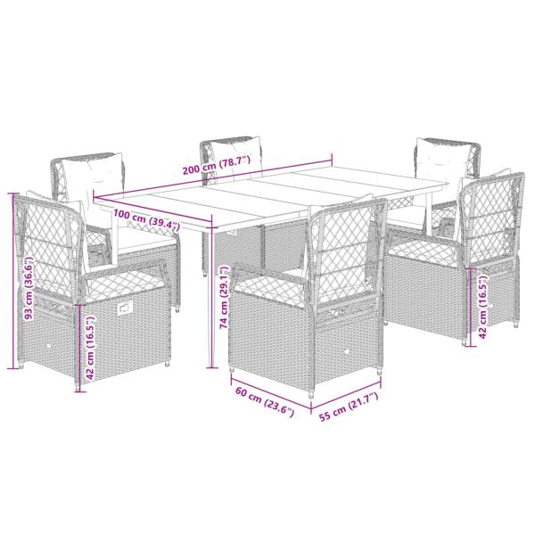 7-tlg. Garten-Essgruppe mit Kissen Braun Poly Rattan