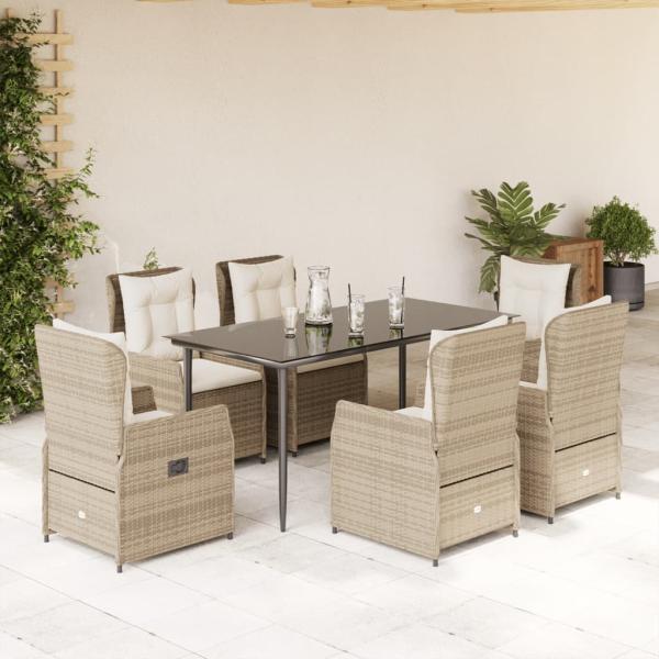 ARDEBO.de - 7-tlg. Garten-Essgruppe mit Kissen Beige Poly Rattan