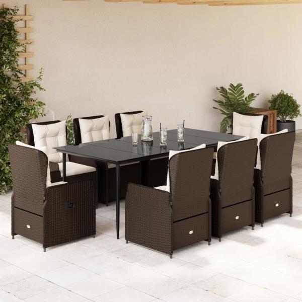 ARDEBO.de - 9-tlg. Garten-Essgruppe mit Kissen Braun Poly Rattan