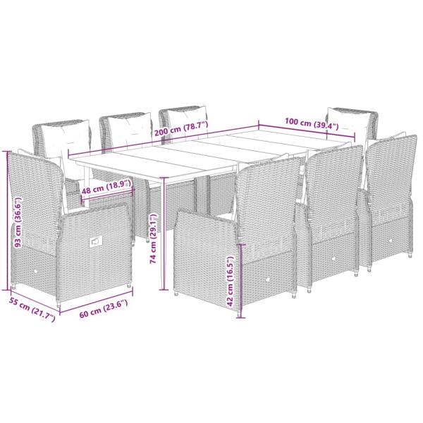 9-tlg. Garten-Essgruppe mit Kissen Braun Poly Rattan