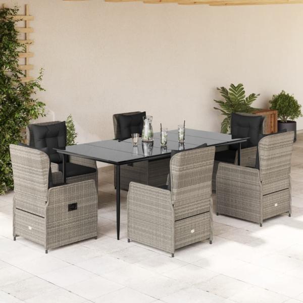 ARDEBO.de - 7-tlg. Garten-Essgruppe mit Kissen Hellgrau Poly Rattan