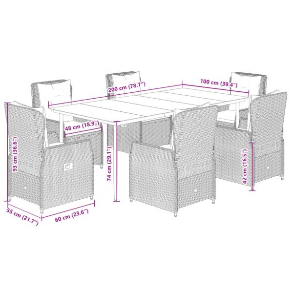 7-tlg. Garten-Essgruppe mit Kissen Hellgrau Poly Rattan