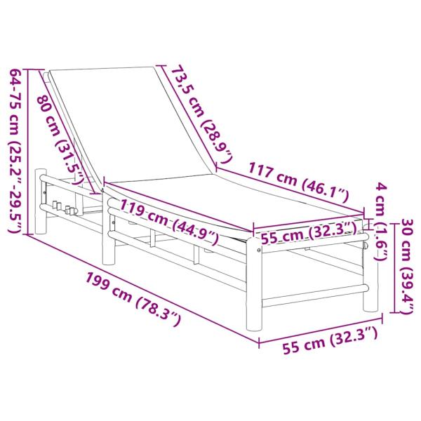 Sonnenliege mit Auflage 55x199x30 cm Bambus