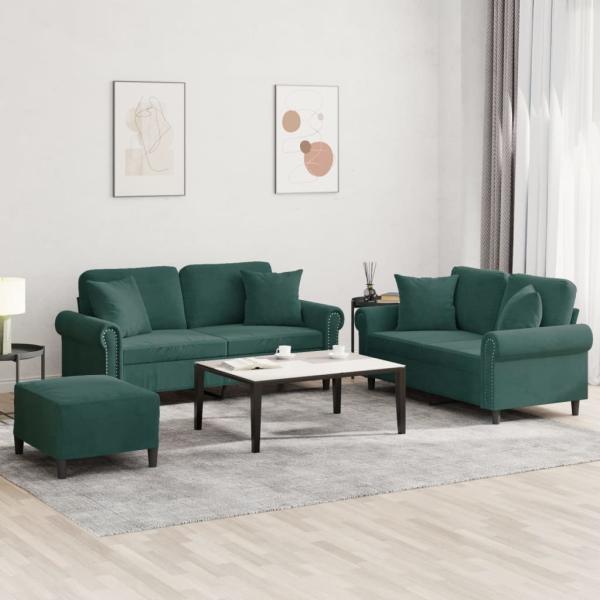 ARDEBO.de - 3-tlg. Sofagarnitur mit Kissen Dunkelgrün Samt