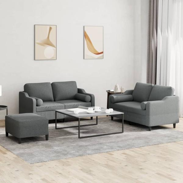 ARDEBO.de - 3-tlg. Sofagarnitur mit Kissen Dunkelgrau Stoff