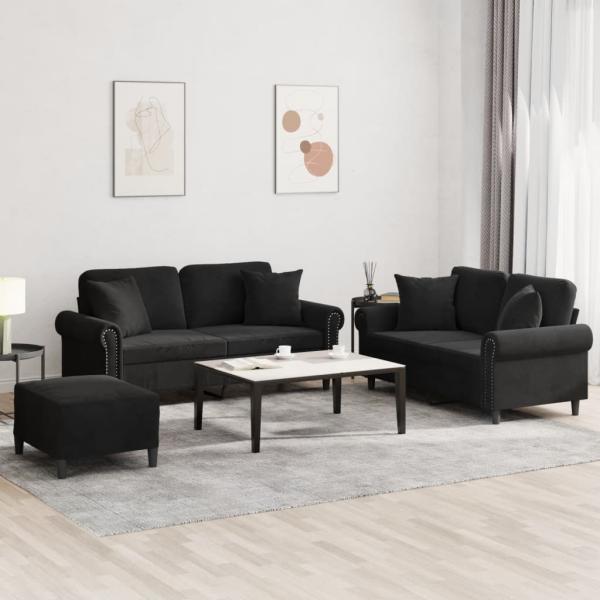 ARDEBO.de - 3-tlg. Sofagarnitur mit Kissen Schwarz Samt