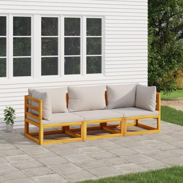 ARDEBO.de - 3-tlg. Garten-Lounge-Set mit Hellgrauen Kissen Massivholz
