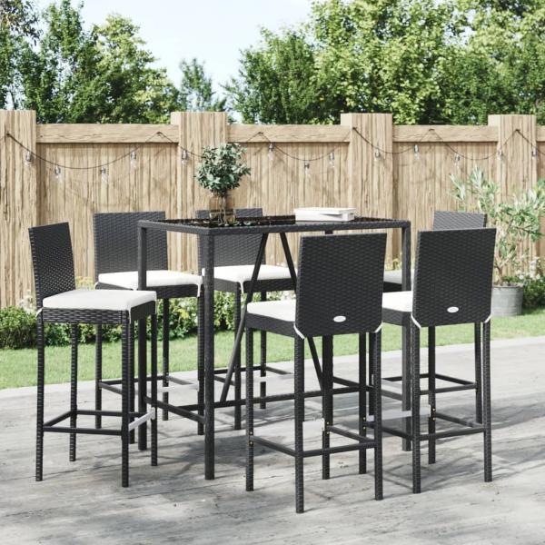 ARDEBO.de - 7-tlg. Gartenbar-Set mit Kissen Schwarz Poly Rattan