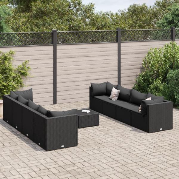 ARDEBO.de - 9-tlg. Garten-Lounge-Set mit Kissen Schwarz Poly Rattan