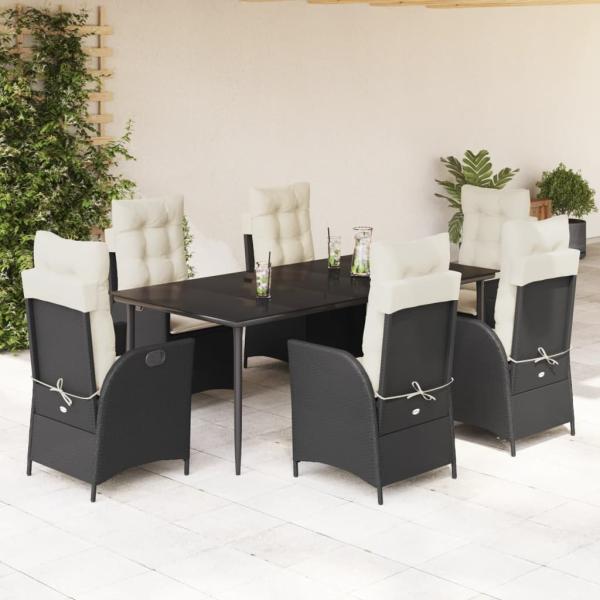 ARDEBO.de - 7-tlg. Garten-Essgruppe mit Kissen Schwarz Poly Rattan
