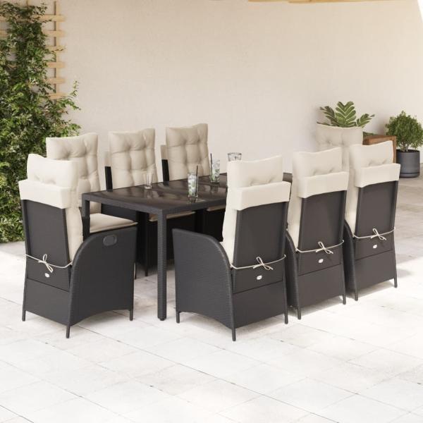 ARDEBO.de - 9-tlg. Garten-Essgruppe mit Kissen Schwarz Poly Rattan
