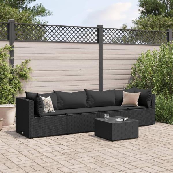 ARDEBO.de - 5-tlg. Garten-Lounge-Set mit Kissen Schwarz Poly Rattan