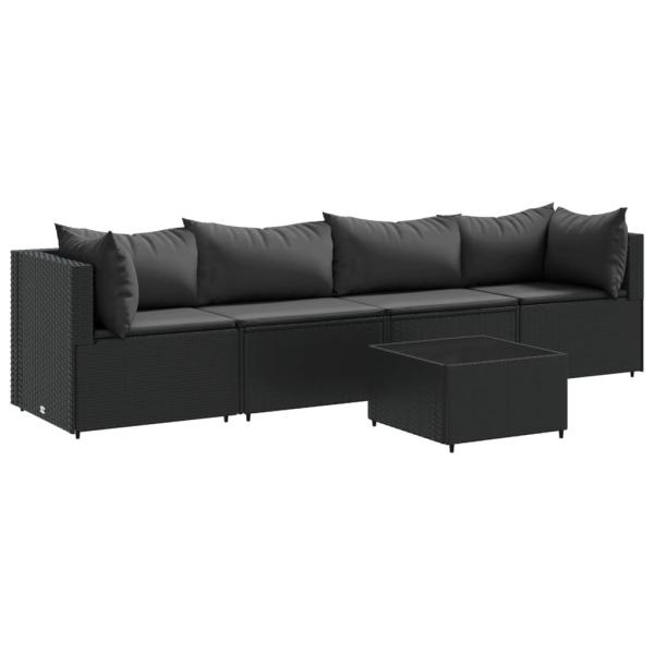 5-tlg. Garten-Lounge-Set mit Kissen Schwarz Poly Rattan