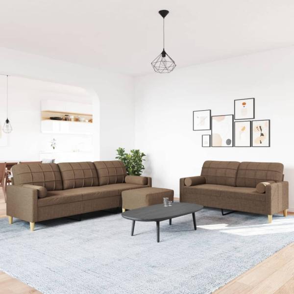 3-tlg. Sofagarnitur mit Fußhocker & Dekokissen Braun Stoff
