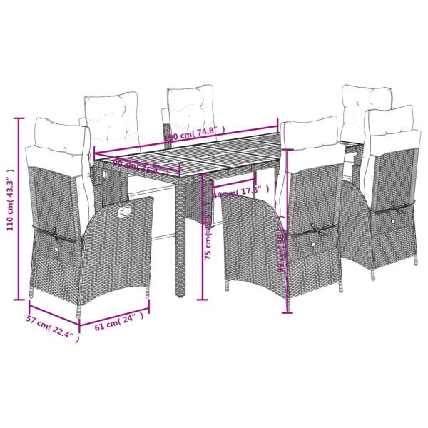 7-tlg. Garten-Essgruppe mit Kissen Schwarz Poly Rattan