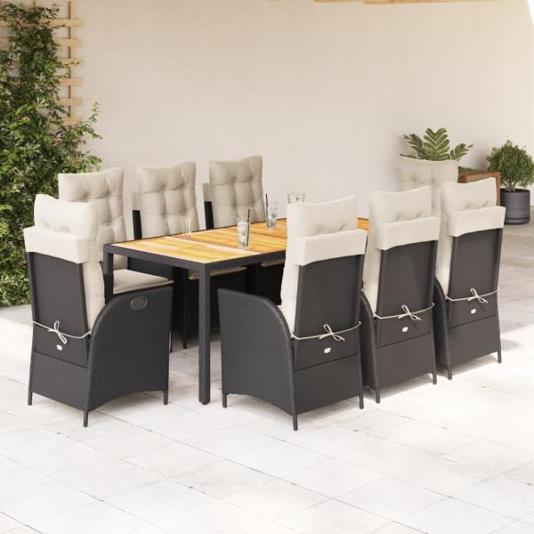 ARDEBO.de - 9-tlg. Garten-Essgruppe mit Kissen Schwarz Poly Rattan