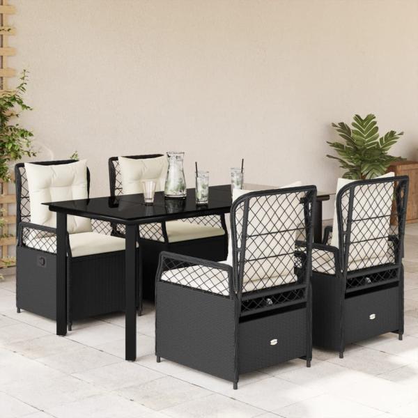 ARDEBO.de - 5-tlg. Garten-Essgruppe mit Kissen Schwarz Poly Rattan