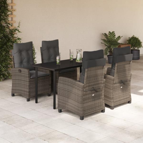 ARDEBO.de - 5-tlg. Garten-Essgruppe mit Kissen Grau Poly Rattan