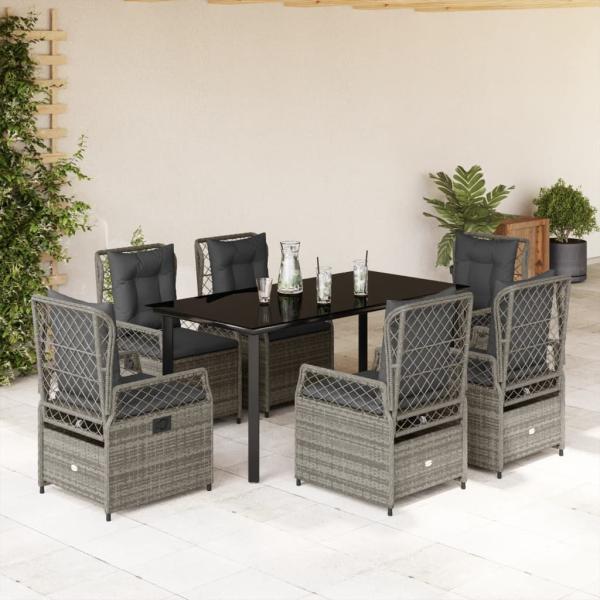 ARDEBO.de - 7-tlg. Garten-Essgruppe mit Kissen Grau Poly Rattan