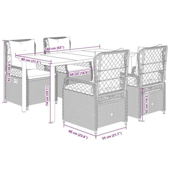 5-tlg. Garten-Essgruppe mit Kissen Grau Poly Rattan