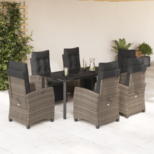 ARDEBO.de - 7-tlg. Garten-Essgruppe mit Kissen Grau Poly Rattan