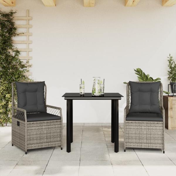 ARDEBO.de - 3-tlg. Garten-Essgruppe mit Kissen Grau Poly Rattan