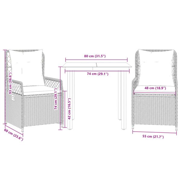 3-tlg. Garten-Essgruppe mit Kissen Grau Poly Rattan