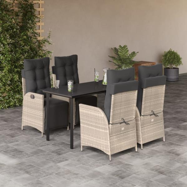 ARDEBO.de - 5-tlg. Garten-Essgruppe mit Kissen Hellgrau Poly Rattan