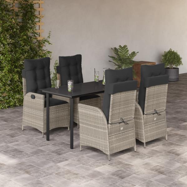 ARDEBO.de - 5-tlg. Garten-Essgruppe mit Kissen Hellgrau Poly Rattan