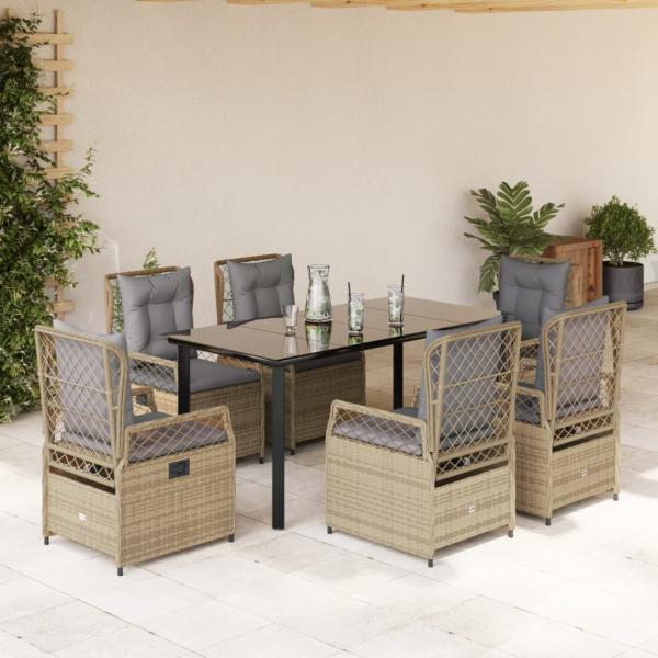 ARDEBO.de - 7-tlg. Garten-Essgruppe mit Kissen Beige Poly Rattan