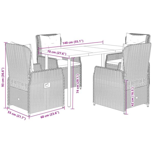 5-tlg. Garten-Essgruppe mit Kissen Braun Poly Rattan