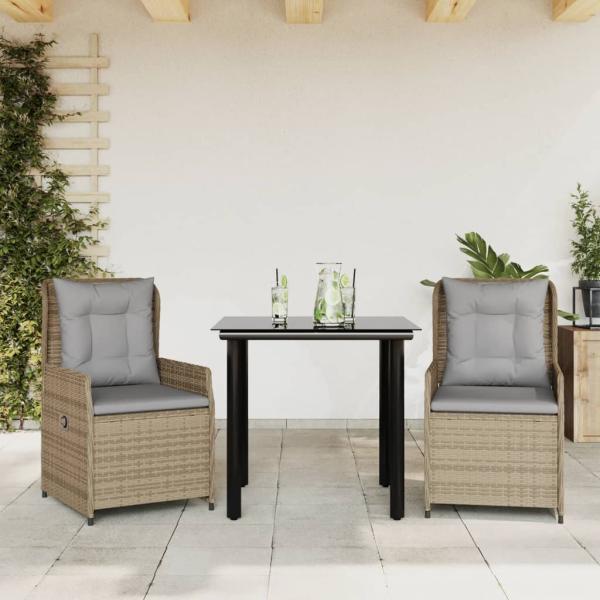 ARDEBO.de - 3-tlg. Garten-Essgruppe mit Kissen Beige Poly Rattan