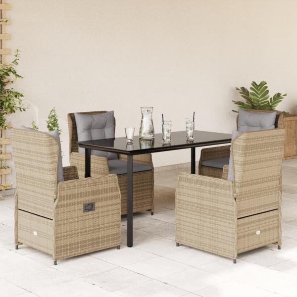 ARDEBO.de - 5-tlg. Garten-Essgruppe mit Kissen Beige Poly Rattan