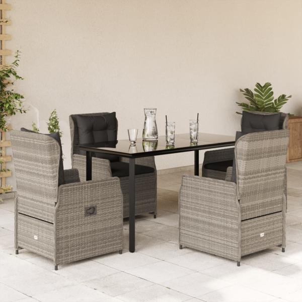ARDEBO.de - 5-tlg. Garten-Essgruppe mit Kissen Hellgrau Poly Rattan