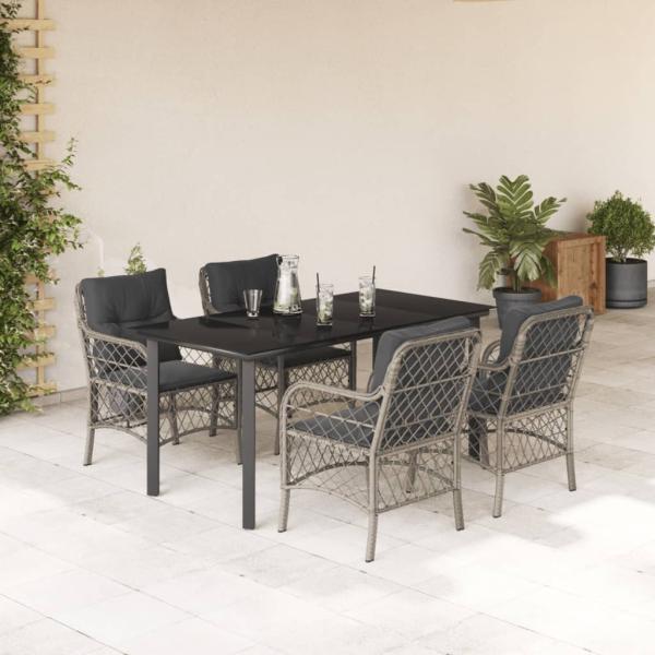 ARDEBO.de - 5-tlg. Garten-Essgruppe mit Kissen Hellgrau Poly Rattan