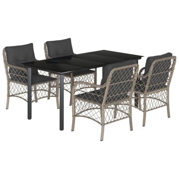 5-tlg. Garten-Essgruppe mit Kissen Hellgrau Poly Rattan