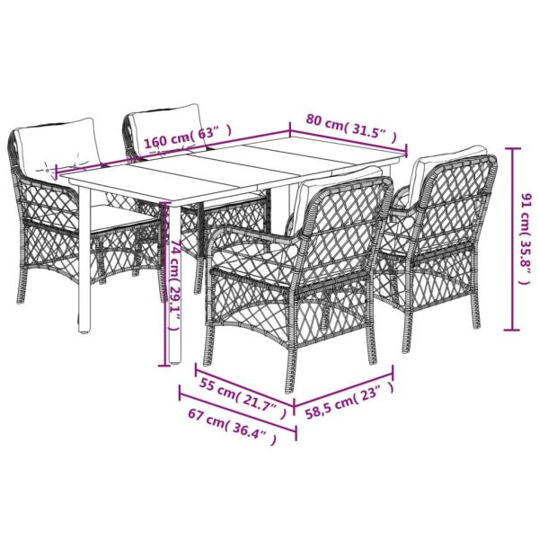 5-tlg. Garten-Essgruppe mit Kissen Hellgrau Poly Rattan