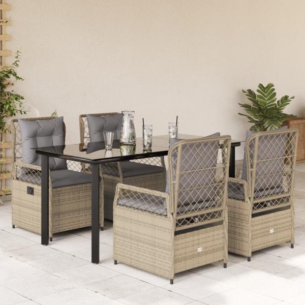 ARDEBO.de - 5-tlg. Garten-Essgruppe mit Kissen Beige Poly Rattan