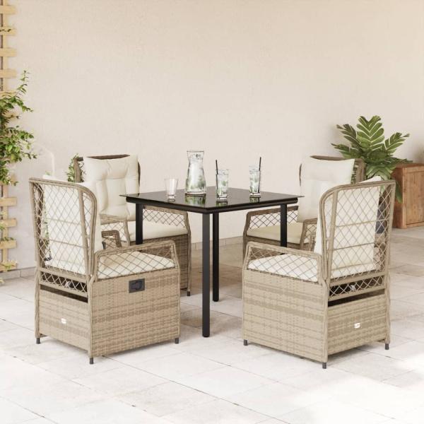 ARDEBO.de - 5-tlg. Garten-Essgruppe mit Kissen Beige Poly Rattan