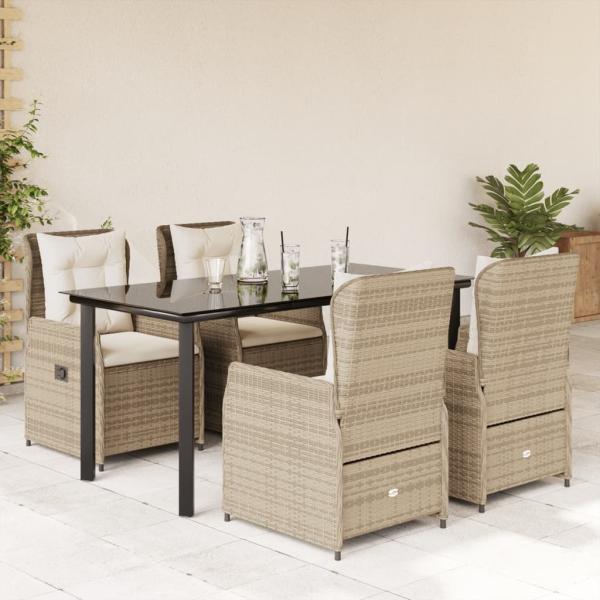 ARDEBO.de - 5-tlg. Garten-Essgruppe mit Kissen Beige Poly Rattan