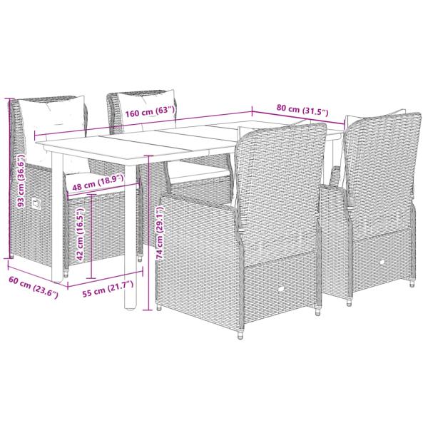 5-tlg. Garten-Essgruppe mit Kissen Beige Poly Rattan