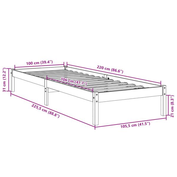 Massivholzbett Extra Lang ohne Matratze Weiß 100x220 Kieferholz