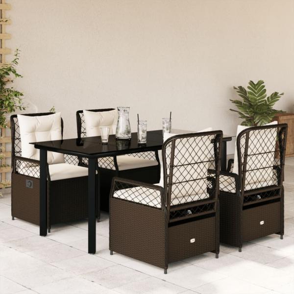 ARDEBO.de - 5-tlg. Garten-Essgruppe mit Kissen Braun Poly Rattan