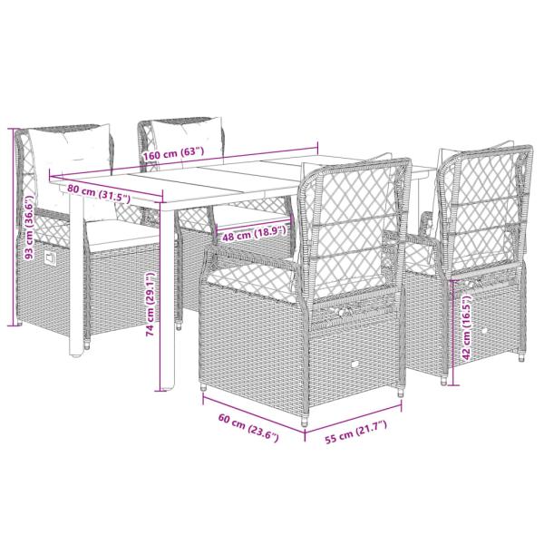 5-tlg. Garten-Essgruppe mit Kissen Braun Poly Rattan