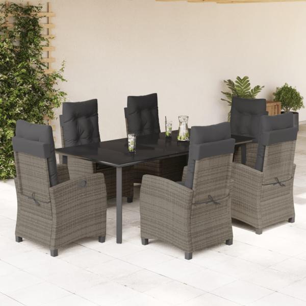 ARDEBO.de - 7-tlg. Garten-Essgruppe mit Kissen Grau Poly Rattan
