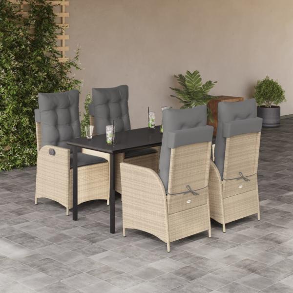 ARDEBO.de - 5-tlg. Garten-Essgruppe mit Kissen Beige Poly Rattan
