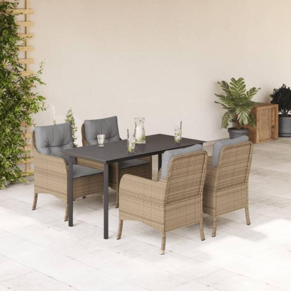 ARDEBO.de - 5-tlg. Garten-Essgruppe mit Kissen Beige Poly Rattan