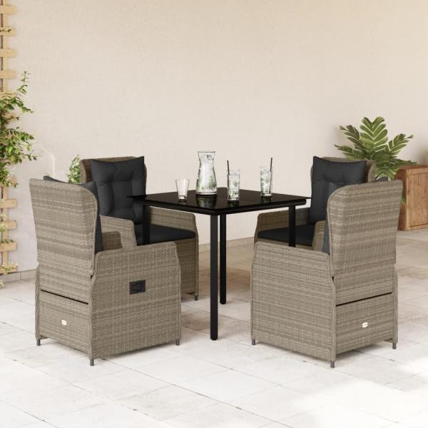 ARDEBO.de - 5-tlg. Garten-Essgruppe mit Kissen Hellgrau Poly Rattan